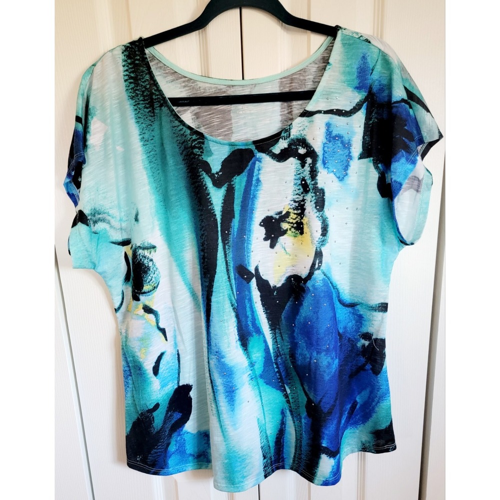 APT.โ 9 XL Women's Multi-Blues Blouse Top Tie Dye Look Beaded SS NWOT